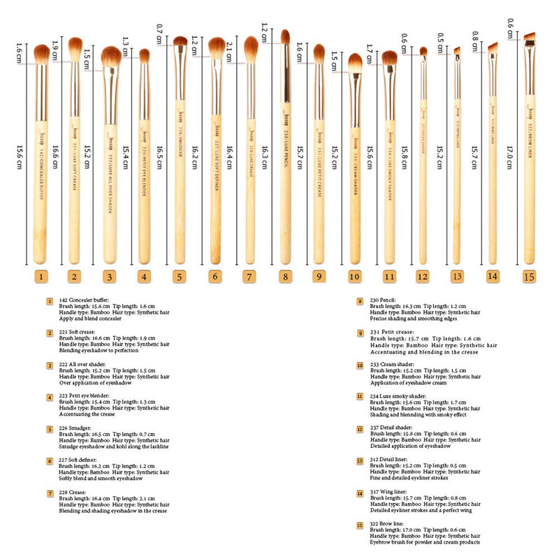 [Australia] - Jessup Eye Makeup Brushes Set, Premium Synthetic Eyeshadow Blending Concealer Eyebrow Eyeliner Brush, 15pcs Labeled Bamboo Make Up Brushes T137 