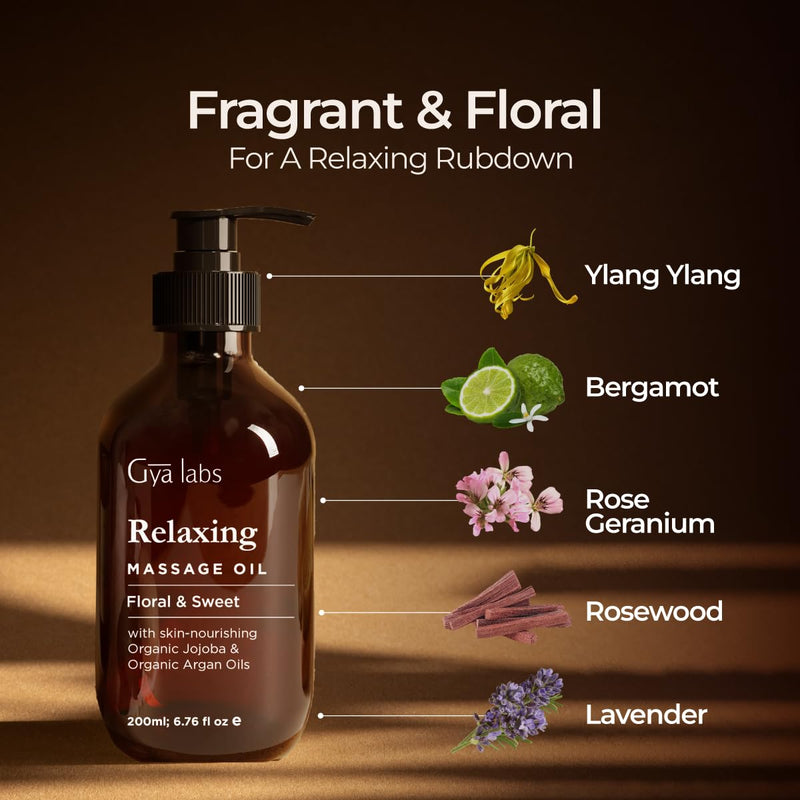 [Australia] - Gya Labs Relaxing Massage Oil - Ylang Ylang, Rose Geranium and Organic Argan Infused Body Oil for Skin - Natural Massage Oil for Massage Therapy - 100% Pure (200 ml) 