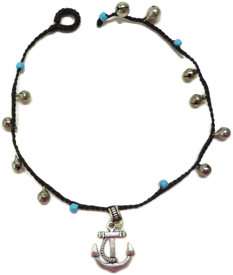 [Australia] - Moose546 Anchor Charm and Bells Ankle Bracelets with Blue Beads 11 Inches Wax Cord Beach Jewelry 