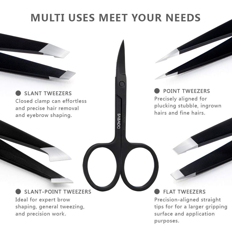 [Australia] - Tweezers Set 5-Piece - Professional Stainless Steel Tweezers with Curved Scissors, Best Precision Tweezer for Eyebrows, Splinter & Ingrown Hair Removal with Leather Travel Case (Black) 