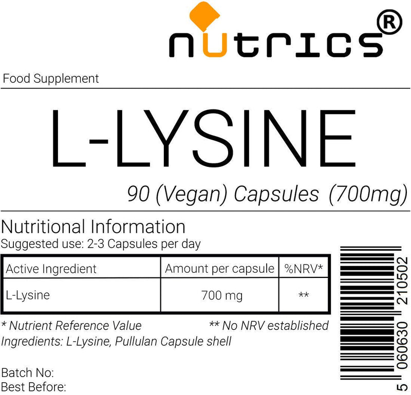 [Australia] - Nutrics® 700mg L LYSINE 90 V Capsules (1 Month Supply) Suitable for Vegan Vegetarian Halal Kosher 