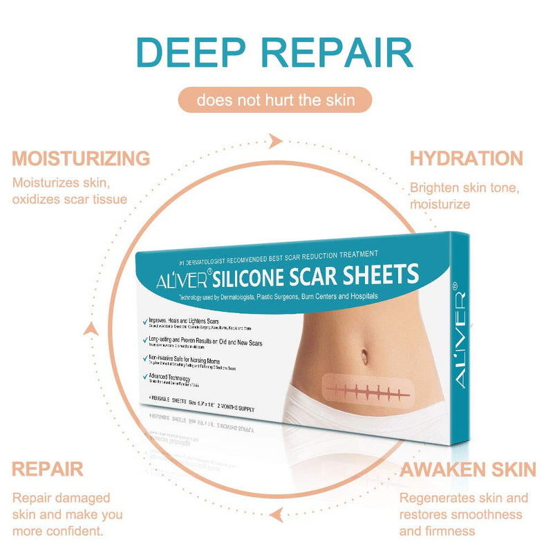 [Australia] - Silicone Scar Sheets, Professional for Scars Caused by C-Section, Surgery, Burn, Keloid, Acne, and More, Drug-Free, Soft Silicone Scar Strips, Scar Removal 5.9"×1.6", 4 Sheets (2 Month Supply) 
