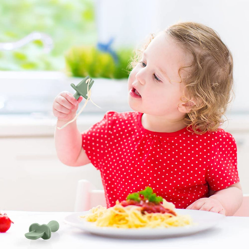 [Australia] - Vicloon Baby Fork and Spoon Set, 4Pcs Infant Silicone Self Feeding Utensil Easy Grip Toddler Cutlery Kit, Baby Weaning and Feeding Spoons for Infant Toddler Children First Led Training Weaning Green-blue 