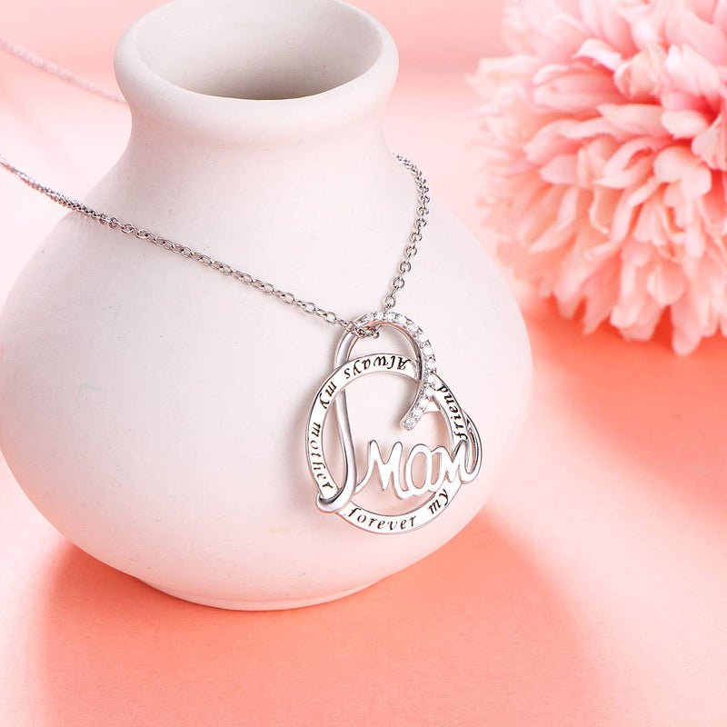[Australia] - FLYOW 925 Sterling Silver White/Rose Gold Plated Mother and Child Lab Opal Heart Pendant Necklace for Women Mother Daughter, Adjustable Silver Chain 18+2 Inches New Mum Gifts Always my mother 