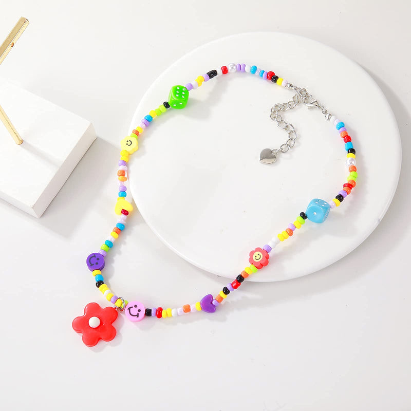 [Australia] - Cute Neckalce Funny Weird Necklace Colorful Beaded Necklace Smile Face Mushroom Lollipops Butterfly Gummy Bear Boba Tea Heart Beaded Necklace Indie Jewelry for Girls Women #10 red flower 