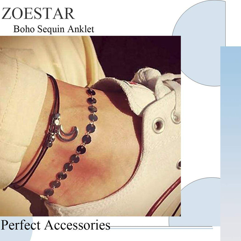 [Australia] - Zoestar Vintage Beach Moon Anklet Bracelet Woven with Sequins Foot Chain Jewelry for Women and Girls(Silver) 