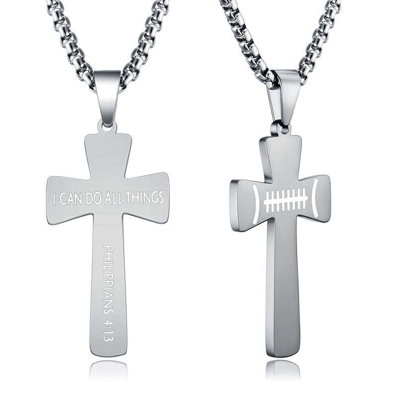 [Australia] - XIEXIELA USA Football Cross Necklace for Boys.I CAN DO All Things Strength Bible Verse Stainless Steel Necklace Rugby Ball Athletes Sports Lover A-Silver necklace+cell phone holder 