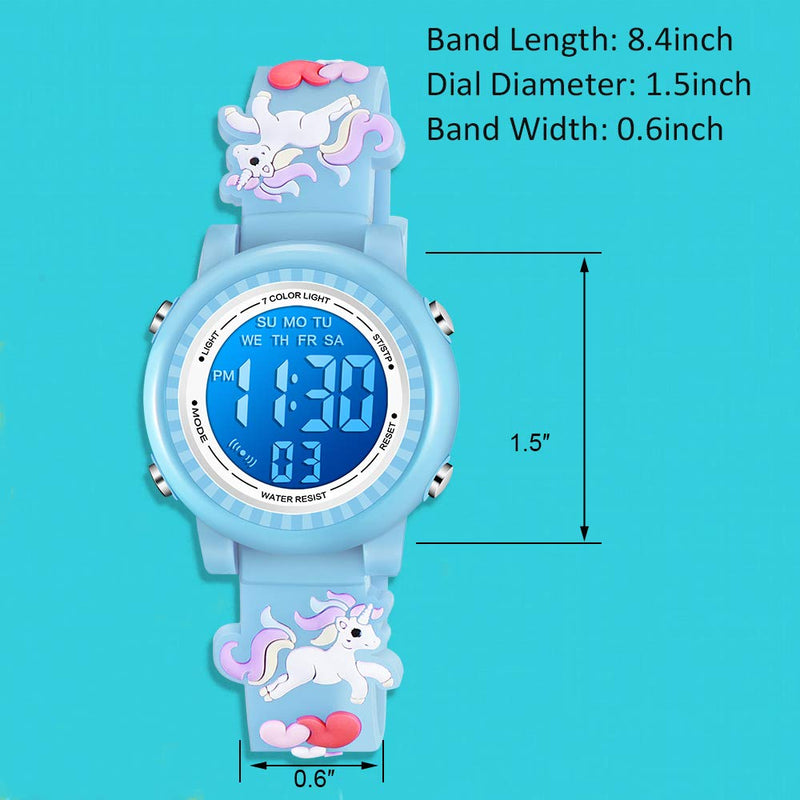 [Australia] - Venhoo Kids Watches 3D Cartoon Waterproof 7 Color Lights Toddler Digital Wrist Watch with Alarm Stopwatch for 3-10 Year Girls Little Child Blue 