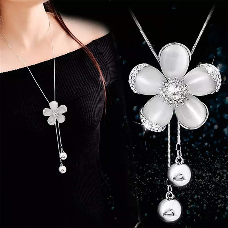 [Australia] - TULIP LY White Crystal Pendant Necklace Long Sweater Necklace Fashion Jewelry for Women Girls 5 Petals Flower Necklace 