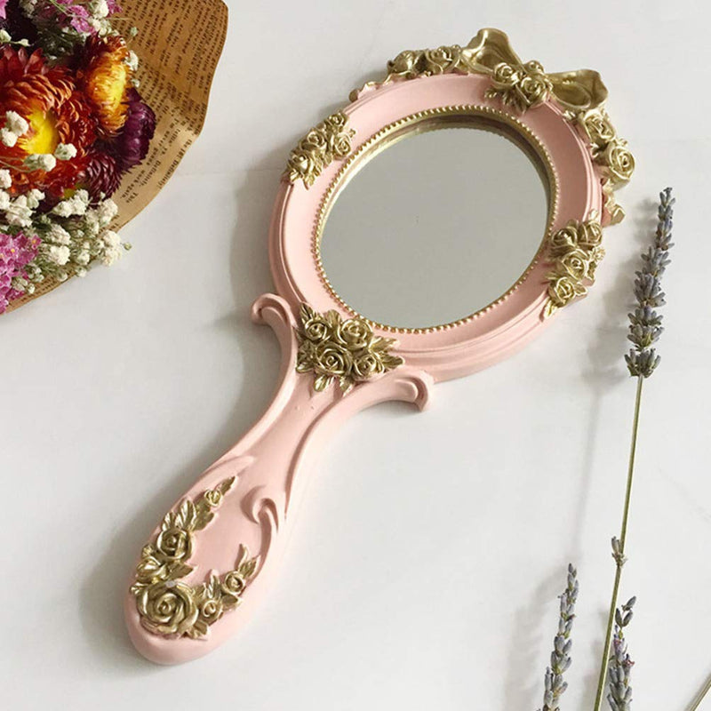 [Australia] - FRCOLOR Vintage Hand Mirror Golden Rose Cosmetic Mirror with Handle Antique Portable Makeup Mirror Princess Vanity Mirror for Women Girls Travel Pink 