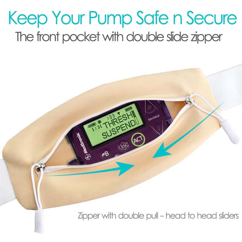 [Australia] - Insulin Pump Belt with Double Slide Zipper Pouch Medical Holder for Diabetic T1D Adjustable Waist Band Accessories Lightweight for Tubing Epipen Men Women Adult Beige 