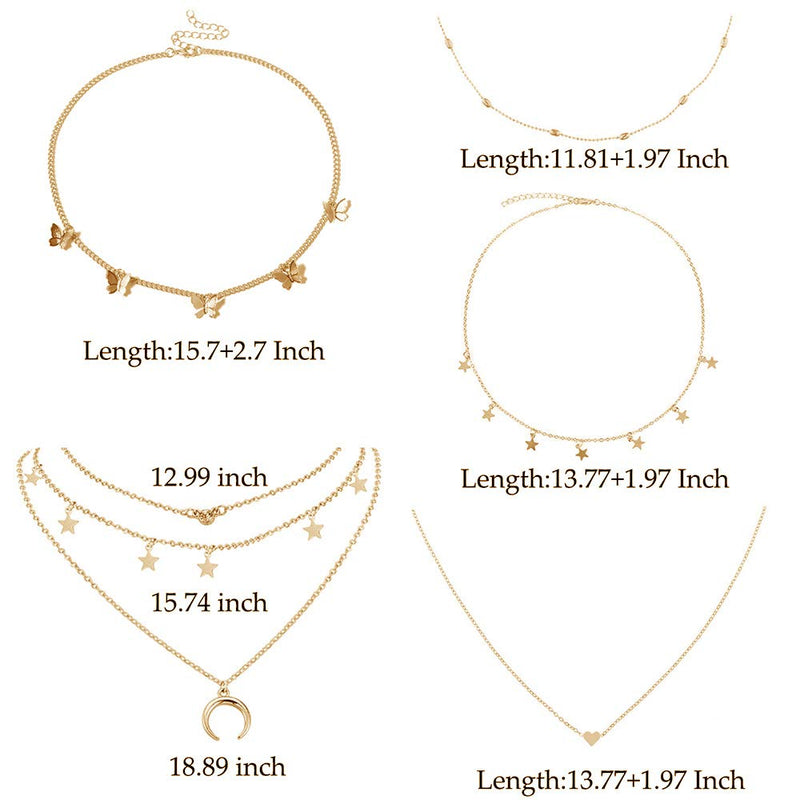 [Australia] - 4 Sets Layered Choker Necklace Gold Butterfly Star Moon Heart Pendant Necklace Cute Vsco Multilayer Chain Choker Necklace for women teen girl Butterfly Gold 