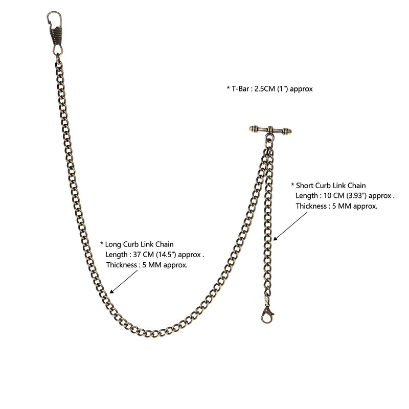 [Australia] - TREEWETO Pocket Watch Albert Chain T-Bar Watch Chain Link 16 inch 2 Hooks Bronze/Silver/Gold/Black Classic Antique Fob T Bar 