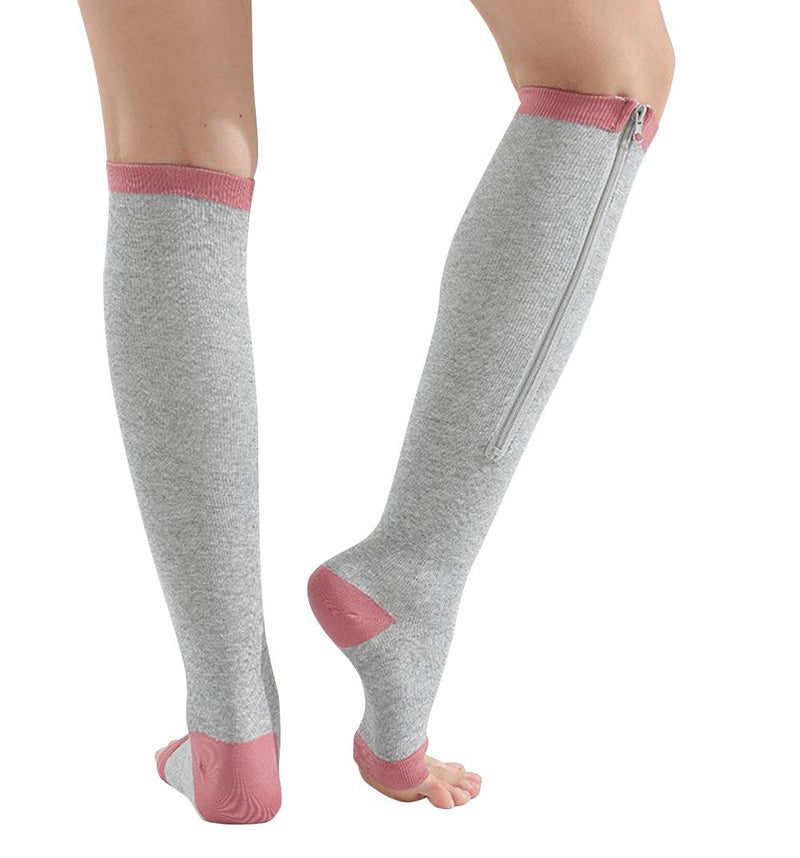 [Australia] - 3 Pairs Zipper Compression Socks for Women With Toe Open Toeless Men 15-20 mmHg Knee-High Zip Leg Support Stockings L-XL Black&Brown Skin&Grey(3 Pairs) 