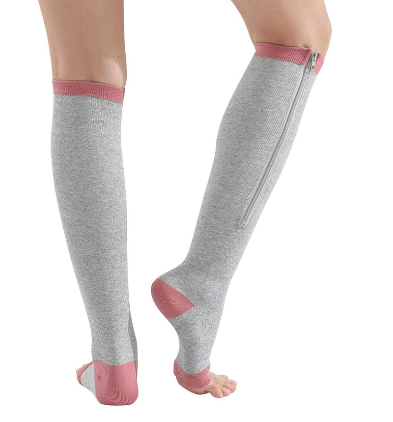 [Australia] - 3 Pairs Zipper Compression Socks Women with Open Toe Toeless Support Stockings Easy on Knee High Socks Large-X-Large Black&brown Skin&grey 