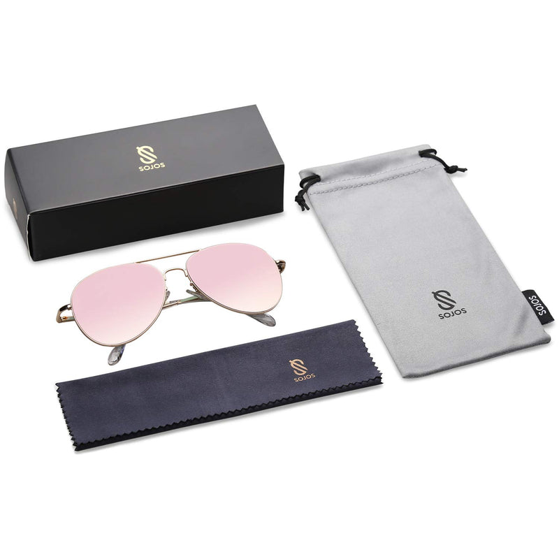 [Australia] - SOJOS Classic Aviator Sunglasses for Women Men Mirrored UV400 Lens Vintage Metal Frame SJ1030 0c3 Gold Frame/Pink Mirrored Lens 56 Millimeters 