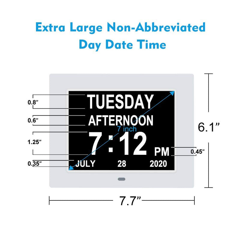 [Australia] - 7 Inch Extra Large Non-Abbreviated Day Date & Month Digital Day Calendar Clock with Auto-Dimming 8 Alarm Reminders Dementia Clocks for Senior Elderly impaired Vision 7005 white 