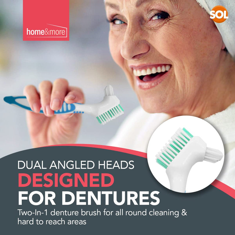 [Australia] - 2pk Denture Toothbrush | Denture Brush with Soft Bristles, Easy Grip Handle & Dual Angled Brush Heads for Cleaning Dentures | Retainer Brush for Cleaning Retainers 
