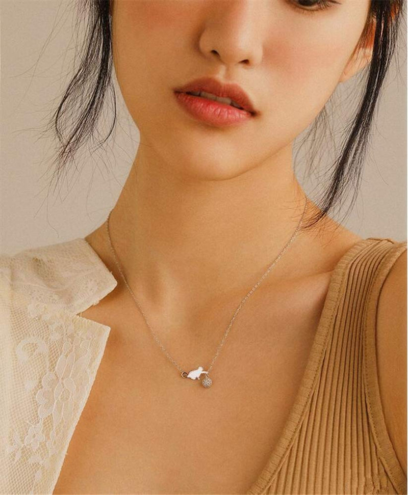 [Australia] - Cute Cat Necklace Crystal Ball Pendant Choker Necklace for Women Teens Baby Girls S925 Sterling Silver Small Polished CZ Diamond Cluster Charm Chain 18" Hypoallergenic Lovely Jewelry 