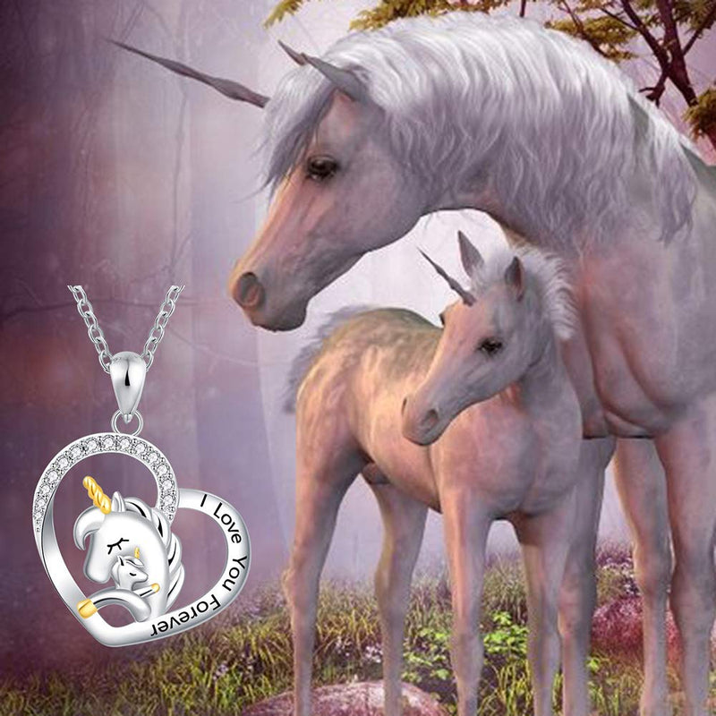 [Australia] - FREECO Unicorn Necklace Gifts for Women Girl - Sterling Silver Cute Unicorn in Heart Pendant Necklace Jewelry,Rolo Chain 18 Inches (Mother Daughter Unicorn Necklace) 