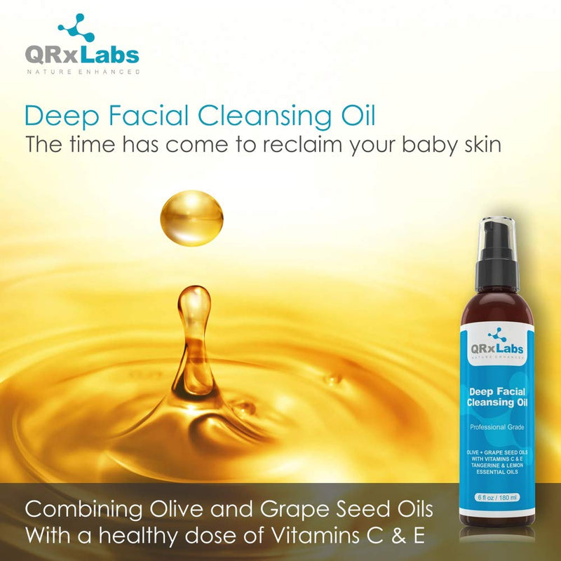 [Australia] - Deep Facial Cleansing Oil with Olive and Grape Seed Oils, Tangerine & Lemon Essential Oils, Boosted with Vitamins C & E - BEST Cleanser for Dry Skin - Makeup Remover & Face Wash - 6 fl oz 