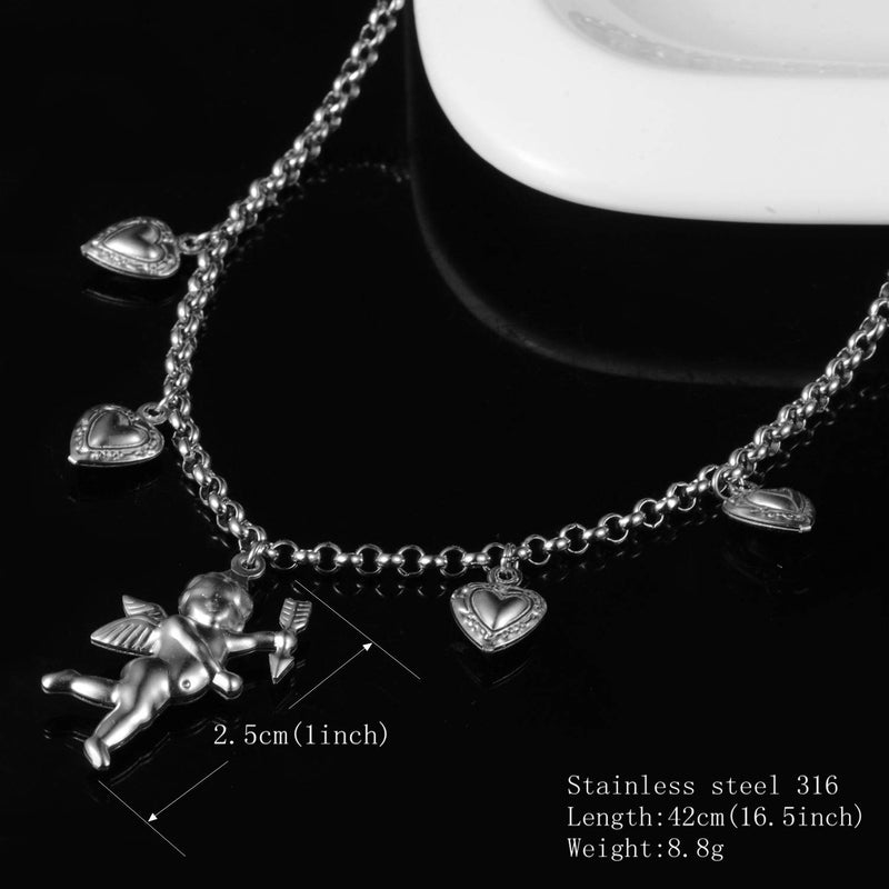 [Australia] - Tiande Angel Cupid Chain Necklace Steel Stainless Angel Baby Wing Love Heart Bell Clavicle Choker Necklace for Women Girls Men Boys 