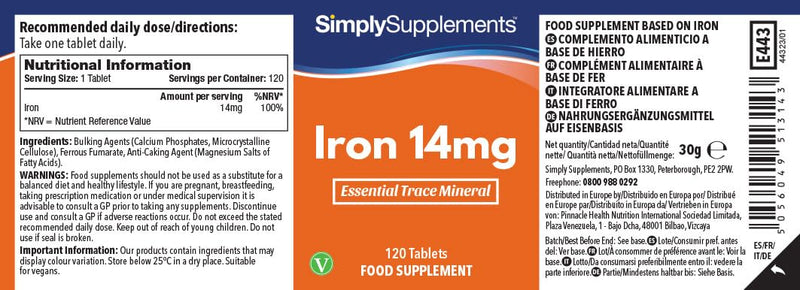 [Australia] - Iron Tablets 14mg | 120 Tablets = 4 Month Supply | Vegan & Vegetarian Friendly | 100% NRV | Popular Supplement for Reducing Tiredness & Fatigue | Manufactured in The UK 