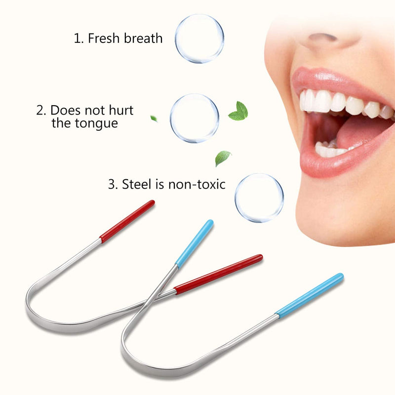 [Australia] - Vtrem Tongue Scraper Stainless Steel 2 Pack Tongue Cleaner Reusable Lifetime Dental Scrapers Get Rid of Bacteria and Bad Breath, (Blue & Red) Blue & Red 