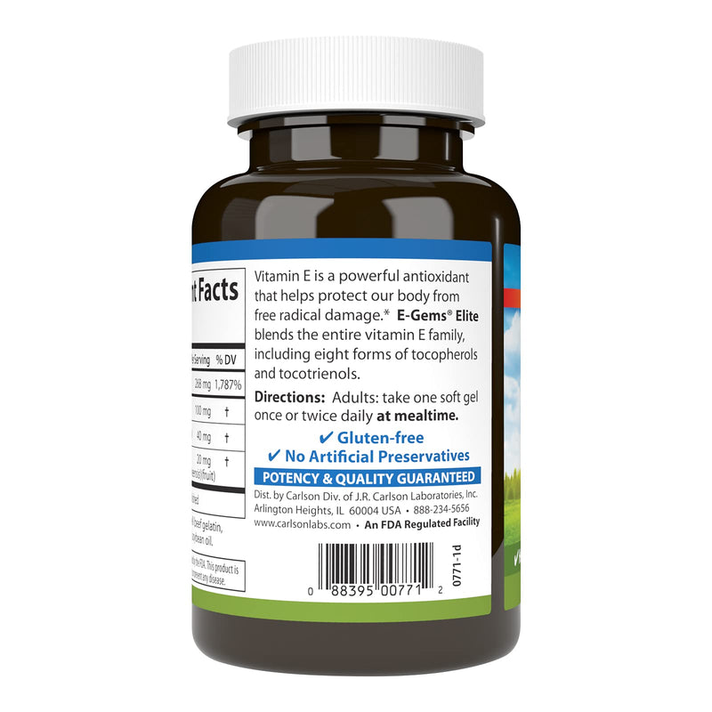 [Australia] - Carlson - E-Gems Elite, 400 IU (268 mg) Vitamin E with Tocopherols & Tocotrienols, Natural-Source, Vitamin E Capsules, Heart Health & Optimal Wellness, Antioxidant, Vitamin E Supplement, 120 Softgels 