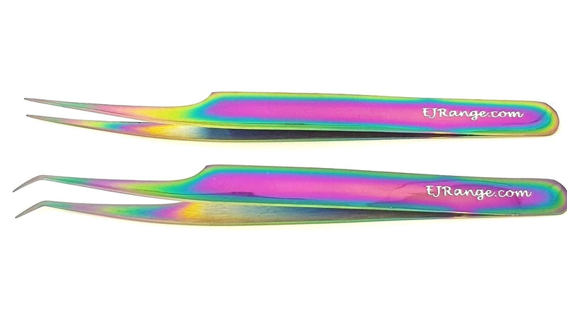 [Australia] - Tweezers Straight Curved for Individual Eyelash Extensions | Premium Rainbow Effect | Professional Stainless Steel 