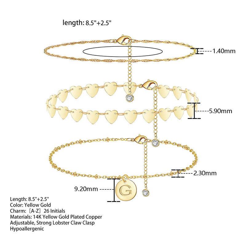 [Australia] - Heart Gold Initial Anklets for Women 14k Real Gold Plated Anklet Dainty Engraved 26 Letter Round Coin Disc Alphabet Anklet Satellite Beaded Anklet Layered Anklet Set 3pcs A 