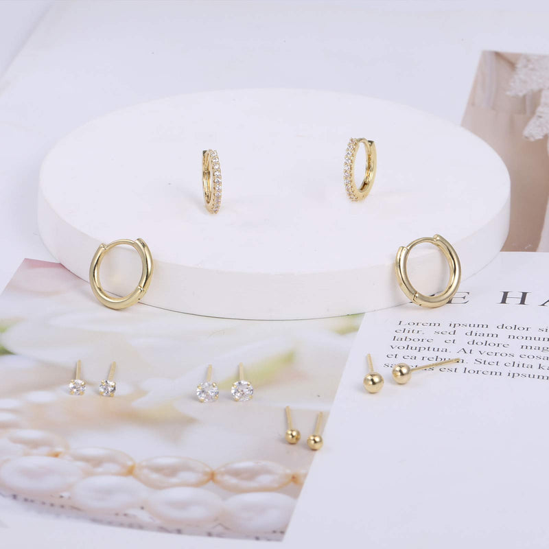 [Australia] - Earring Set for Women 6 Pairs Cubic Zirconia Stud Sets | 14K Gold Plated Small Hoop Huggie Earrings 