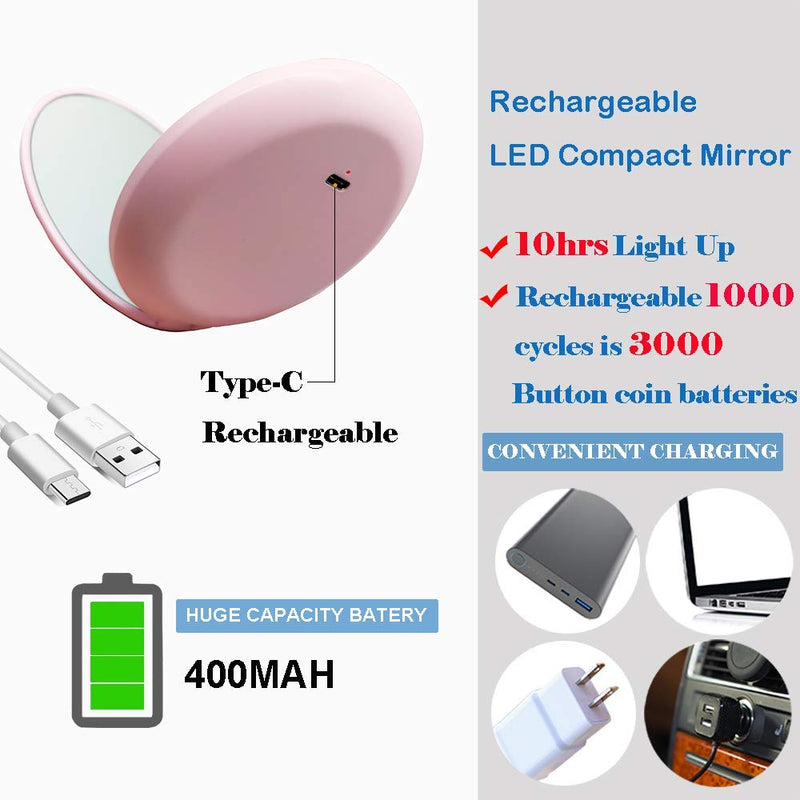 [Australia] - LED-Compact-Mirror, Rechargeable-Pocket-Mirror with Magnetic Switch, Small-Travel-Makeup-Mirror for Handbag/Purse, 1X/3X Magnifying Mirror, Infinite Brightness Levels, Pink 