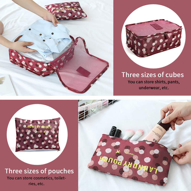 [Australia] - Packing Cubes Travel Organizers Luggage Compression Pouches-6 Sets Travel Accessories(Wine Flower) Wine Flower 