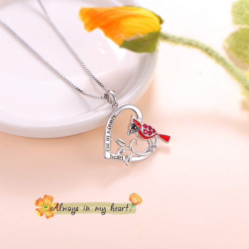 [Australia] - 925 Sterling Silver Engrave Always in My Heart Angel Red Bird Cardinal Pendant Necklace and Earrings Sympathy Gift for Women Girls 