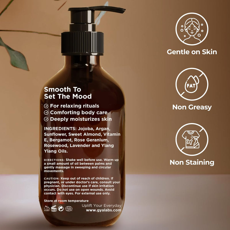 [Australia] - Gya Labs Relaxing Massage Oil - Ylang Ylang, Rose Geranium and Organic Argan Infused Body Oil for Skin - Natural Massage Oil for Massage Therapy - 100% Pure (200 ml) 
