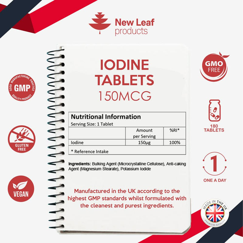 [Australia] - Iodine Tablets 150mcg 180 Vegan High Strength Tablets Iodine Supplements, Natural Source of Iodine from Potassium Iodide, 6 Month Supply, GMO Free, GMP, Made in UK by New Leaf 180 Count (Pack of 1) 