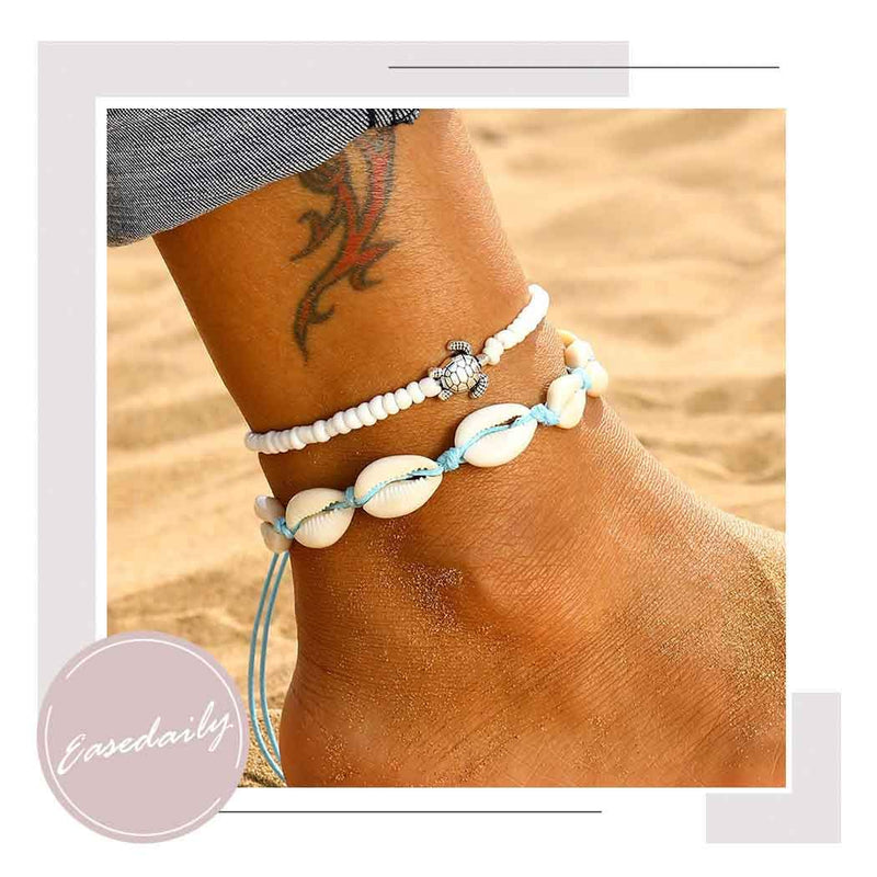 [Australia] - Easedaily Boho Layered Anklets Silver Seashell Ankle Bracelets Blue Turtle Foot Chain Summer Beach Jewelry for Women and Girls 