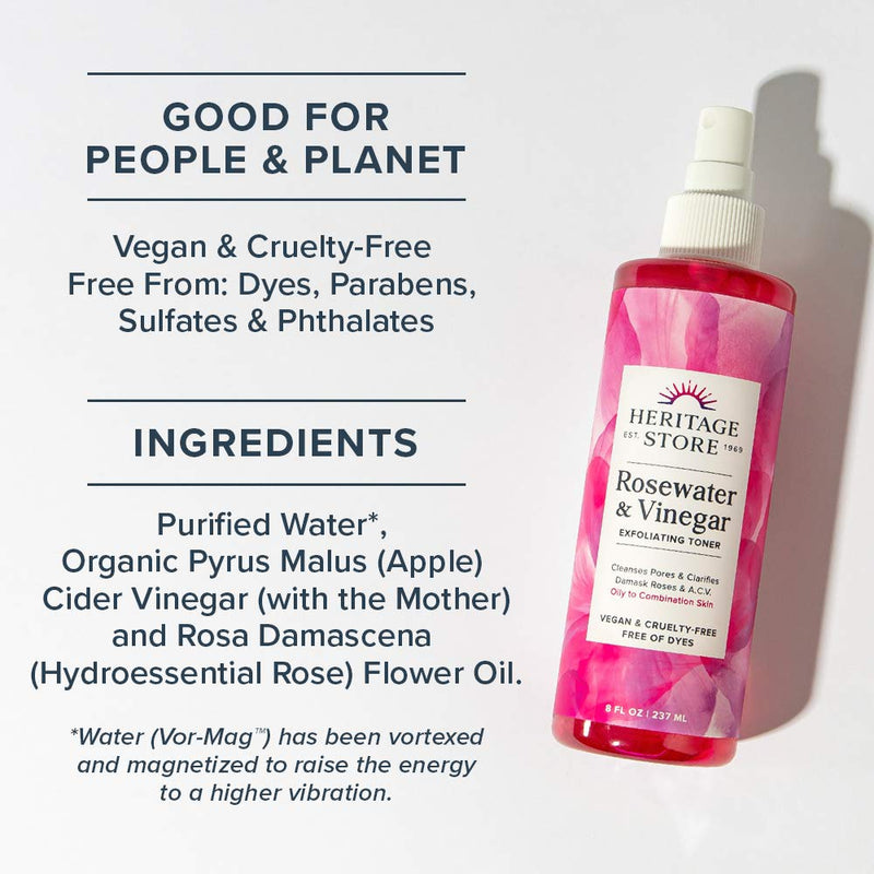 [Australia] - Heritage Store Rosewater Vinegar | Exfoliating Toner w/Apple Cider Vinegar | Cleans Pores & Clarifies Skin | Vegan (8oz) 8 Fl Oz (Pack of 1) 