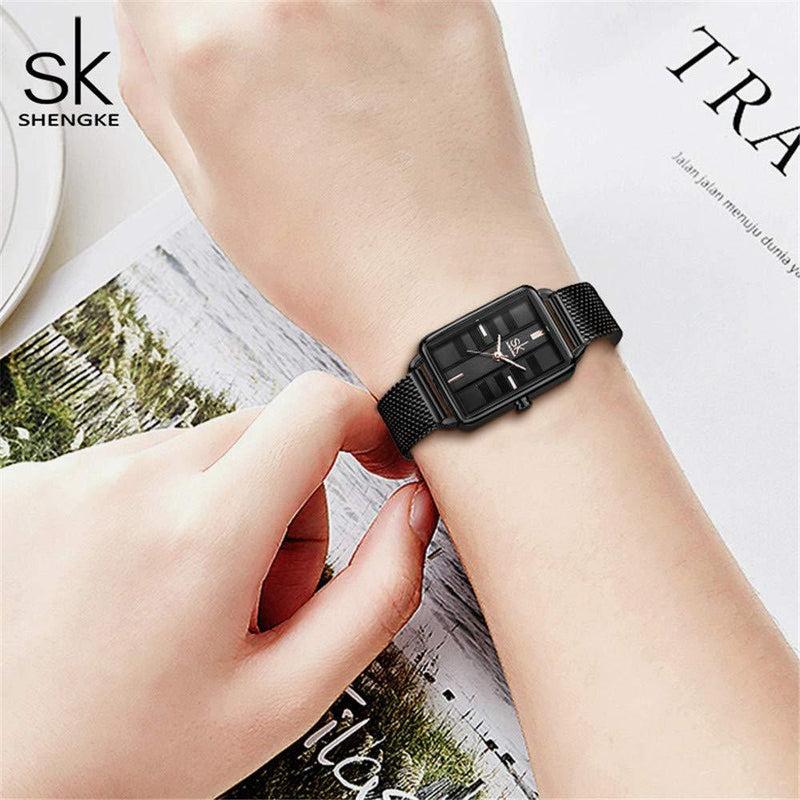 [Australia] - SHENGKE Female Watch Rectangle Case Quartz Watch with Stainless Steel Milanese Mesh Band Business Casual Class Dress Watch K0147-black 