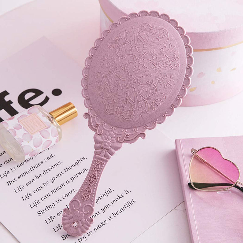 [Australia] - Dzrige Handheld Mirror Vintage Pattern Handle Makeup Mirror Hand Held Travel Mirrors Personal Cosmetic Mirror with Powder Puff (Pink) 