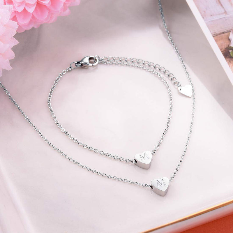 [Australia] - THREE KEYS JEWELRY Rose Gold Silver Tone Initial Bracelet 316L Stainless Steel Bracelet Disc Charm Pendant Letter Alphabet Initial Bracelets for Women Girls Silver Heart 12mm Bracelet Necklace Set v stainless-steel 