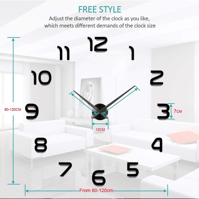 [Australia] - 3D DIY Mirror Surface Wall Clock Large Size Wall Decorative Clocks Silent Non Ticking Movement Clock Hands (Black) Black 