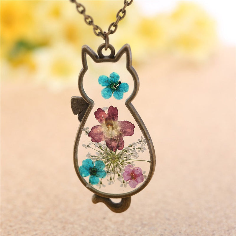 [Australia] - Jude Jewelers Retro Vintage Cat Shape Dry Flower Charm Pendant Necklace Gold 