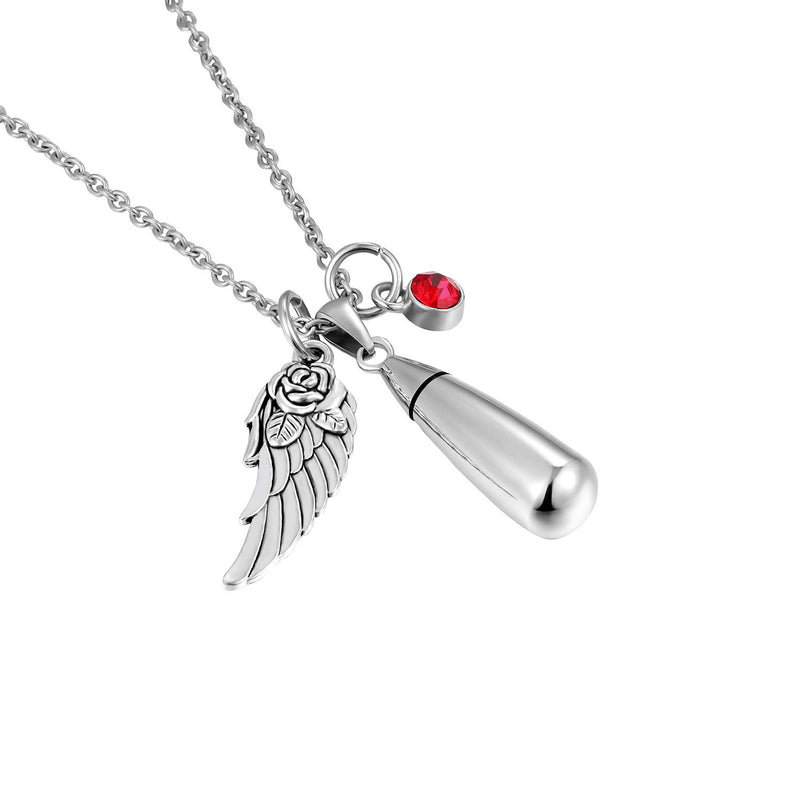 [Australia] - Angel Wing+12 Birthstones+Teardrop Heart Pendant Keepsake Ashes Urn Pendant Necklace,Cremation Jewelry for Pet/Human（Silver) 