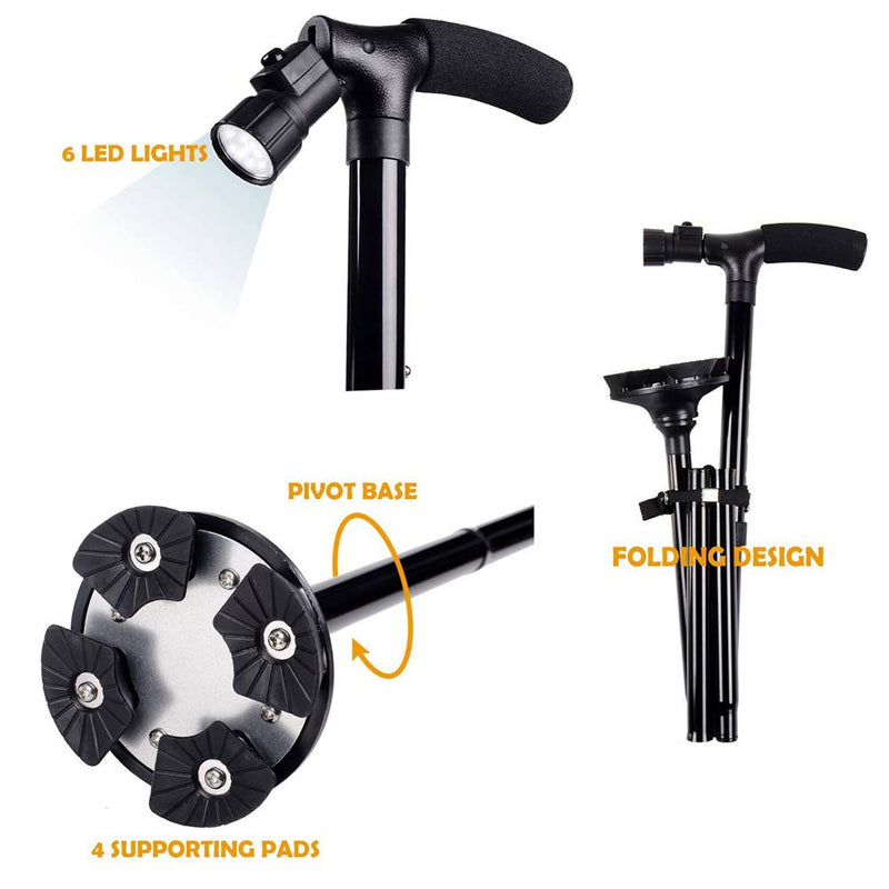 [Australia] - Folding Cane with Led Light, Adjustable Canes and Walking Sticks for Men and Women, Walking Cane Stick for Elderly with Cushion T Handle and Pivoting Quad Base 
