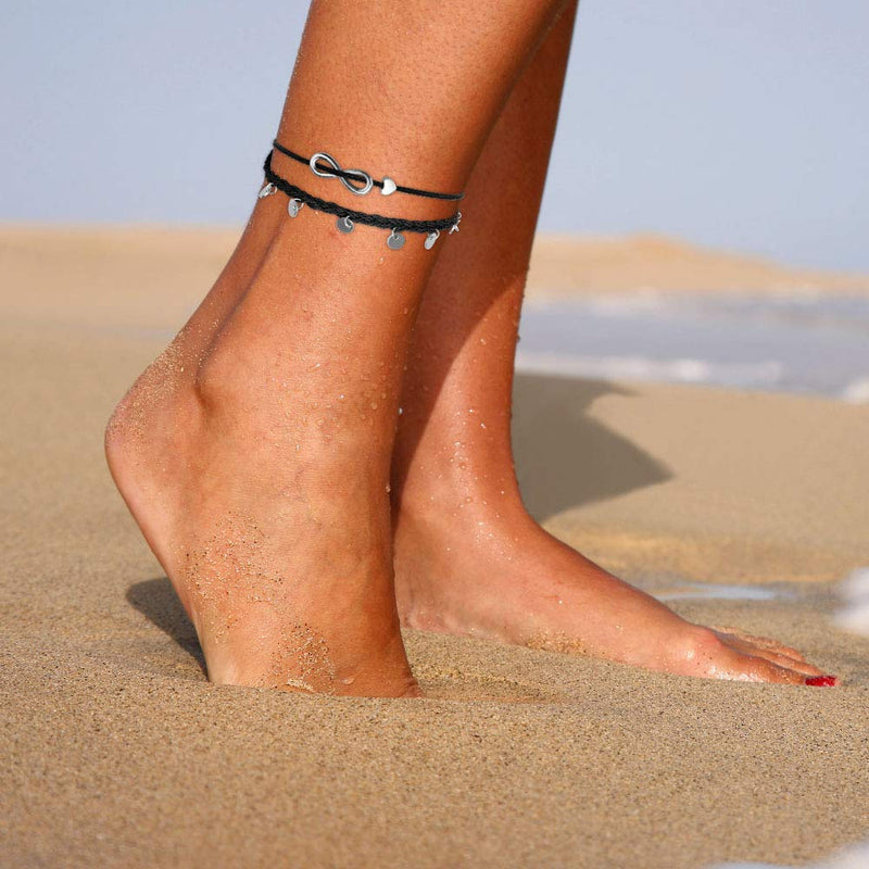 [Australia] - VU100 Boho Coin Anklets String Ankle Bracelets Waterproof Rope Charm Anklets Braided Beach Cute Friendship Foot Jewelry for Women Teen Girls A: infinity & Disc 