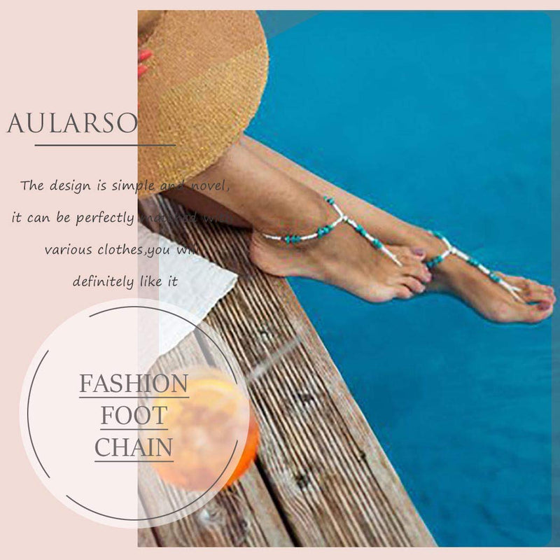 [Australia] - Aularso Boho Anklet Bead Barefoot Sandals Turquoise Ankle Bracelets Ring Foot Chain Beach Feet Jewelry for Women and Girls( 2PCS) 