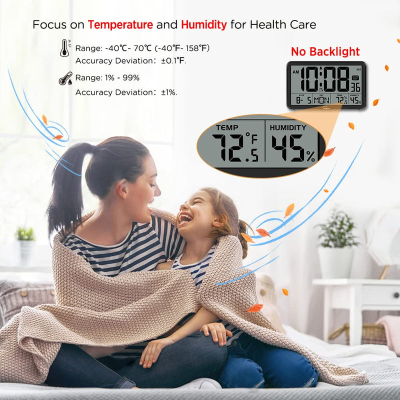 [Australia] - WallarGe Auto Set Digital Wall Clock Battery Operated,Desk Clocks with Temperature,Humidity and Date,Large Display Digital Calendar Alarm Clock for Elderly,Bedroom,Office,8 Time Zone, Auto DST. Black 