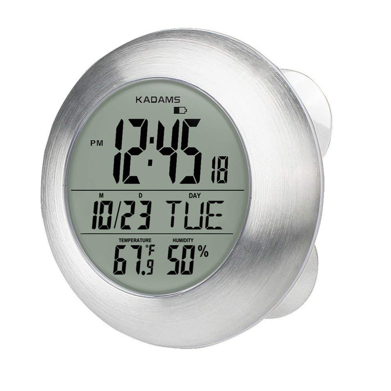 [Australia] - Kadams Bathroom Shower Digital Wall Clock - Kitchen Clock - Water Resistant Timer - Seconds Counter - Temperature & Humidity Display - Wall Calendar - Multiple Mounting Options (Silver) 